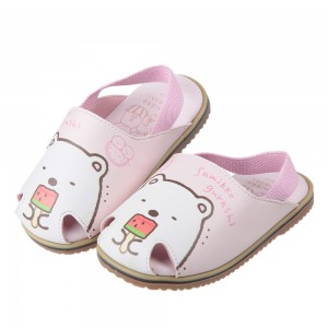 (13~15公分)角落小夥伴白熊吃西瓜粉色護趾鬆緊帶寶寶拖鞋