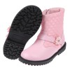 (18~23公分)甜美格菱紋花朵粉色皮質兒童短靴