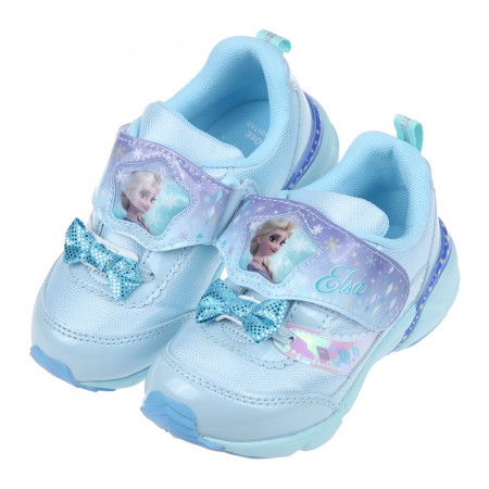 (15~19公分)Moonstar日本冰雪奇緣水藍蝴蝶結電燈機能運動鞋