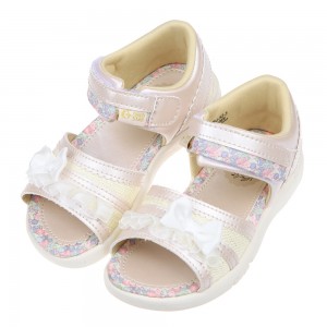 (15~19公分)Moonstar日本花繪蝴蝶結白色兒童機能涼鞋