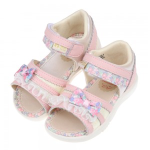 (15~19公分)Moonstar日本花繪蝴蝶結粉紅色兒童機能涼鞋