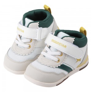 (13~15公分)Moonstar日本HI系列中筒綠白閃亮之星寶寶機能學步鞋