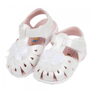 (13.5~17公分)蕾絲蝴蝶白色真皮寶寶涼鞋