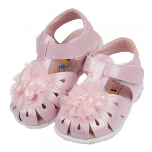 (13.5~17公分)蕾絲蝴蝶粉色真皮寶寶涼鞋