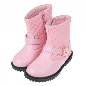 (18~23公分)甜美格菱紋花朵粉色皮質兒童短靴