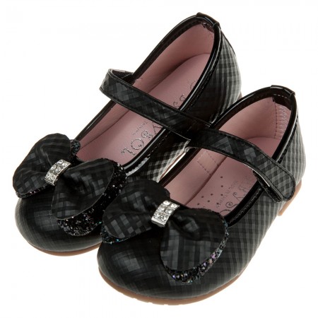 (15.5~23.5公分)菱格紋典雅鑽飾蝴蝶結黑色兒童公主鞋
