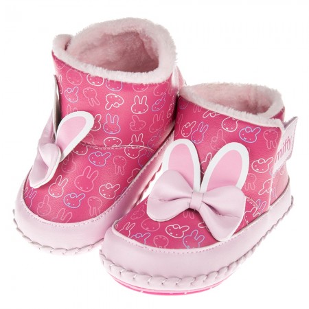 (13.5~16公分)Miffy米飛兔耳朵蝴蝶結桃色鋪毛寶寶皮革靴