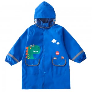 (M~XL)防水防風恐龍挖土機藍色可背書包兒童雨衣