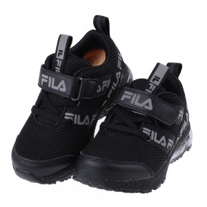 (16~22公分)FILA康特杯奔馳黑色兒童氣墊慢跑運動鞋