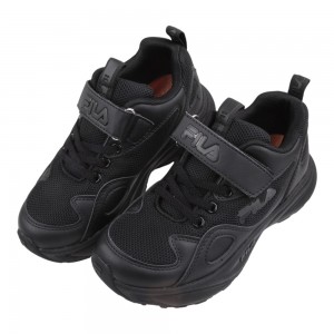 (20~24公分)FILA皮革全黑色大童機能運動鞋