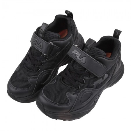 (20~24公分)FILA皮革全黑色大童機能運動鞋